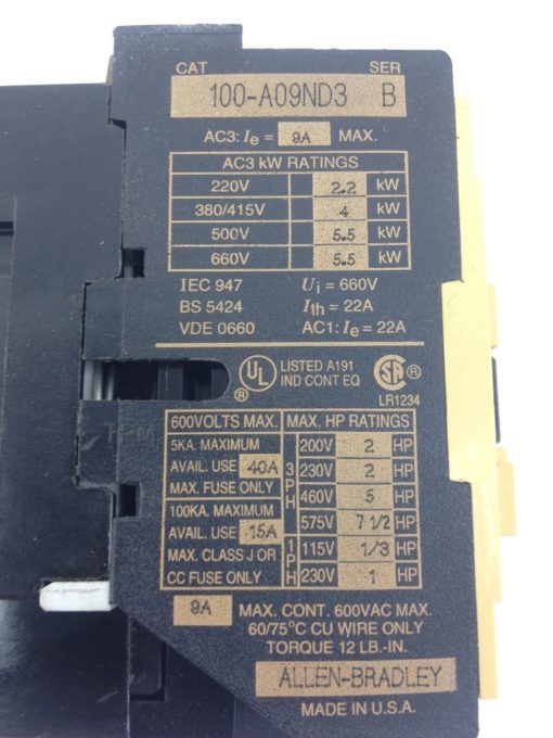 ALLEN BRADLEY 100-A09ND3 SERIES B CONTACTOR (A710) 2