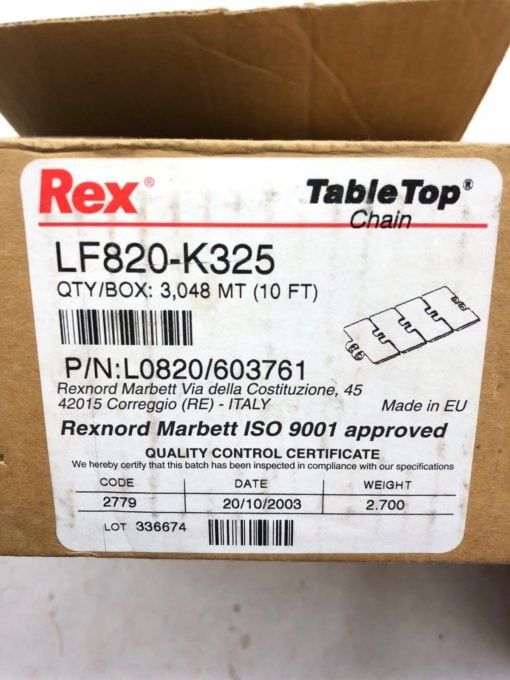 NEW IN BOX REXNORD TABLE TOP CHAIN LF820-K325 10 FT L0820/603761, (B446) 2