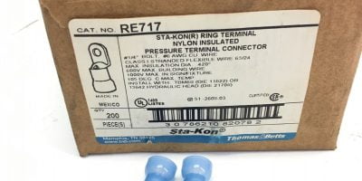 NEW BOX OF 200 THOMAS & BETTS RE717 RING TERMINAL NYLON INSULATED, 1/4”, (B259) 1