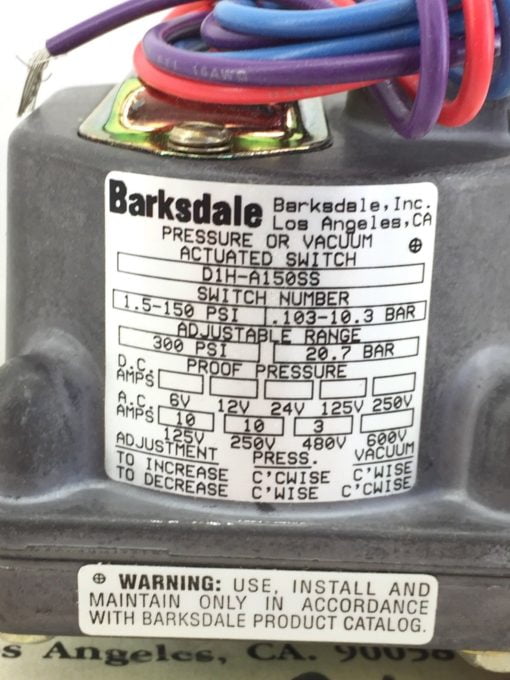 NIB! BARKSDALE D1H-A150SS PRESSURE or VACUUM ACTUATED SWITCH (H280) 2