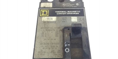 USED SQUARE D CIRCUIT BREAKER, FAL240801021, 80 AMP, 480 VOLT, 2 POLE, G96 1