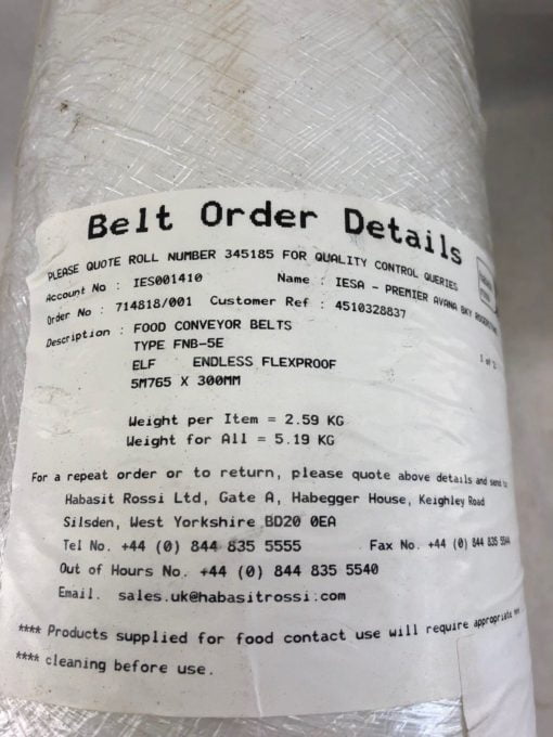 NEW LOT OF 2 HABASIT FNB-5E CONVEYOR BELT ENDLESS FLEXPROOF 5M765 X 300MM, (TLO) 2