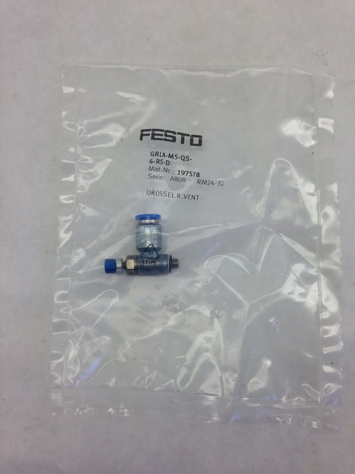NEW NO BOX * FESTO GRO-QS-6 FLOW CONTROL VALVE 