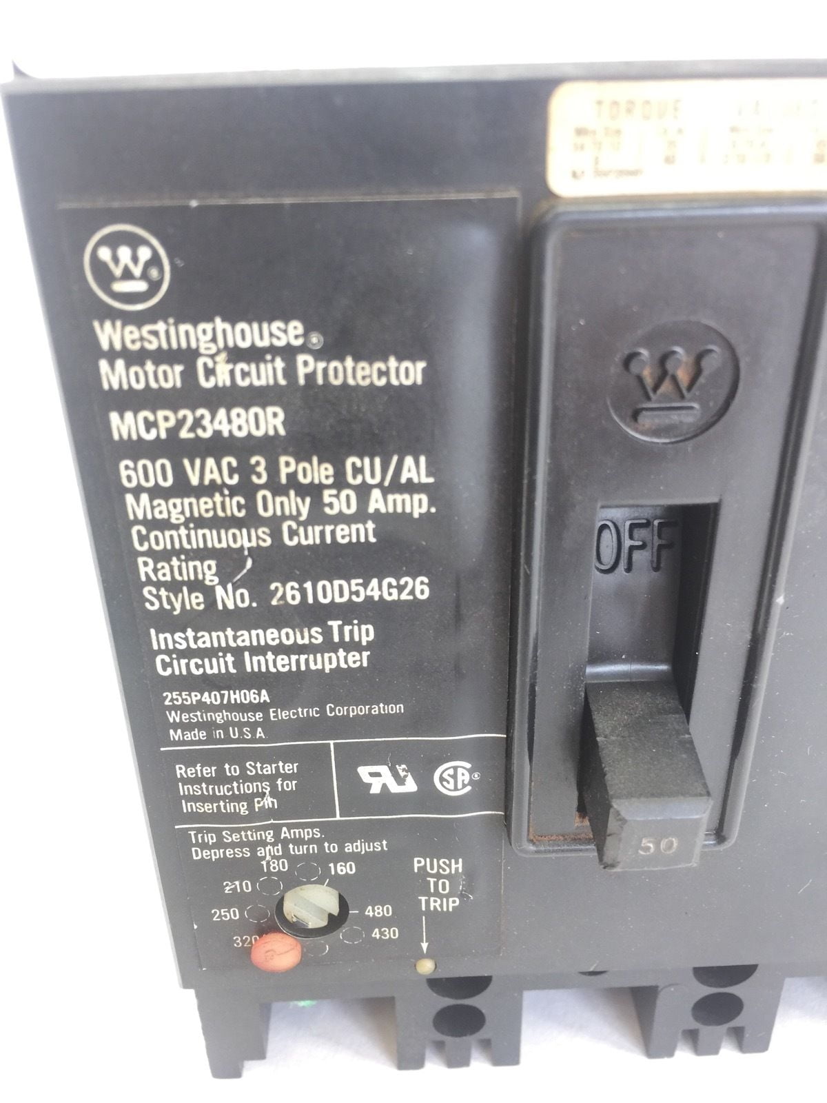 WARRANTY Westinghouse MCP23480R 50 AMP MOTOR CIRCUIT PROTECTOR