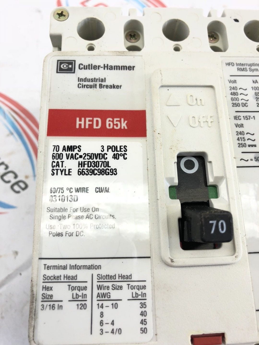 EATON CUTLER HAMMER HFD 65K HFD3070L 3 POLE 70 AMP CIRCUIT BREAKER 600 VAC