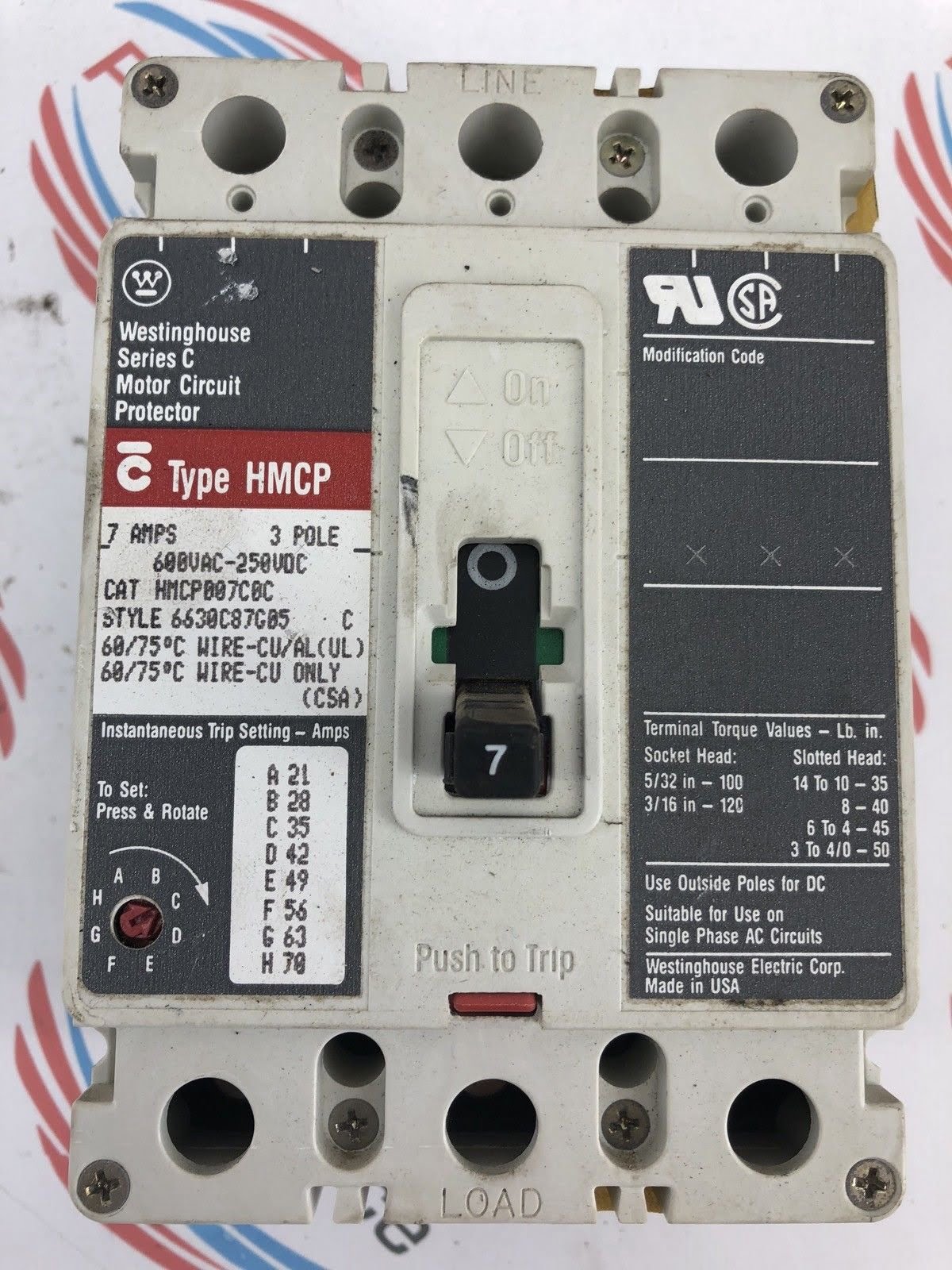 HMCP TYPE Details about   Westinghouse 3 Pole 7AMP 600V Motor Circuit Protector HMCP007C0C 