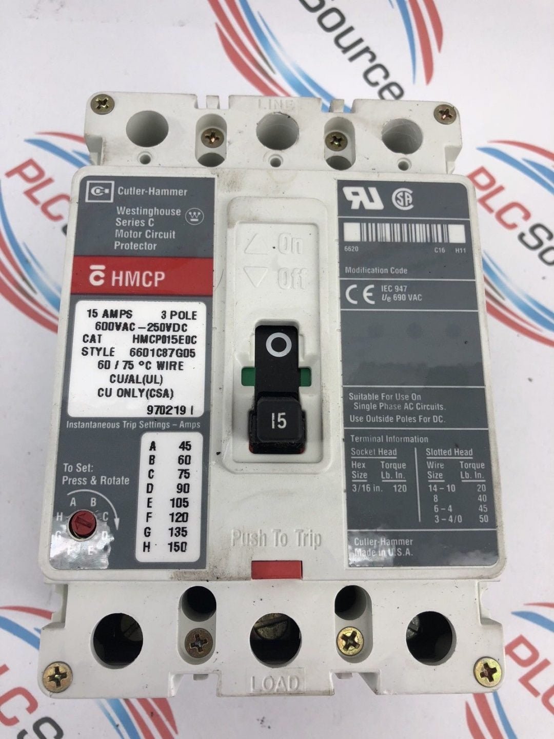 CUTLER HAMMER HMCP015E0C 15 AMP 3 POLE 600VAC SERIES C MOTOR CIRCUIT