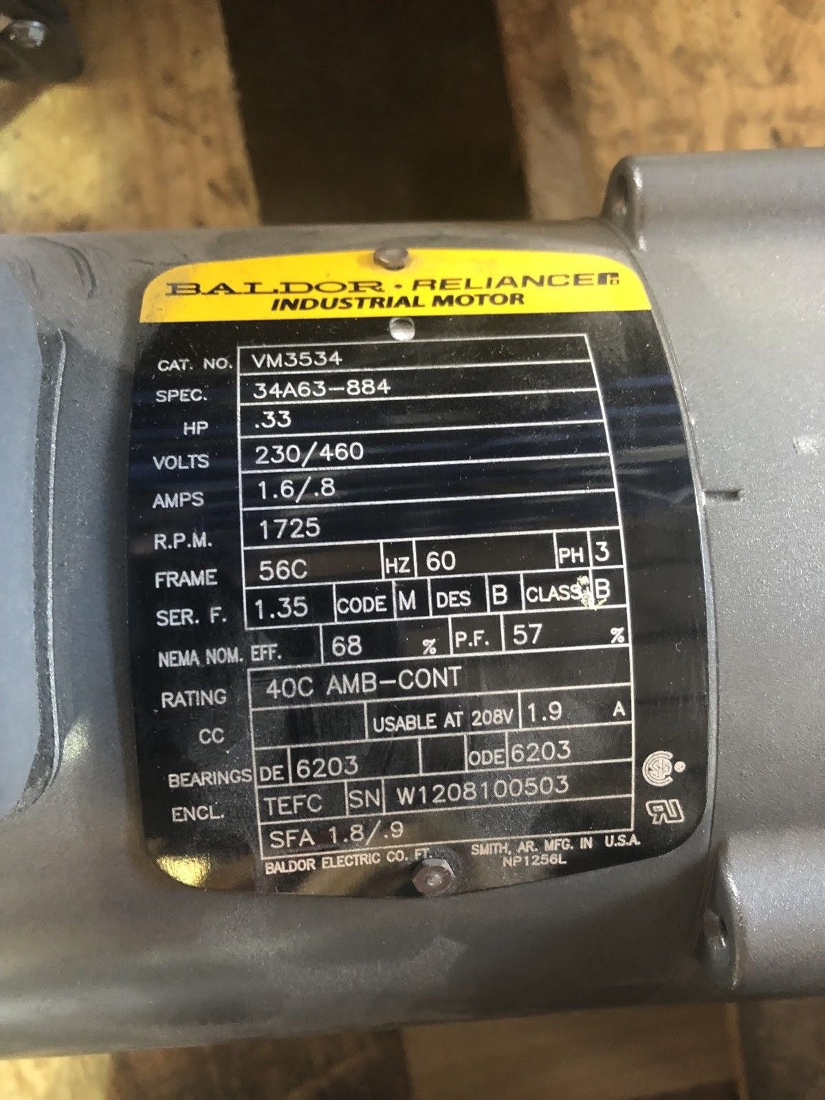 Details about   Baldor Reliancer VM3534 .33HP 230/460 Volt 3PH 1725 Rpm 60Hz Industrial Motor 