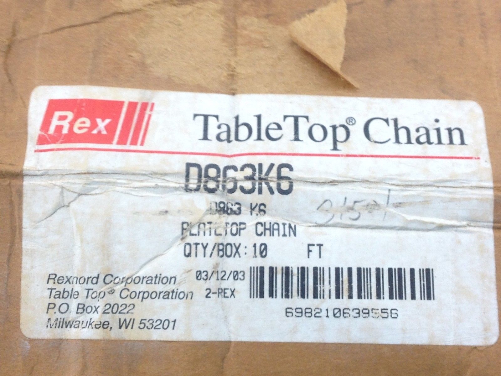 REXNORD TABLE TOP CHAIN D863K6 PLATE TOP CHAIN 10FT (TOL) 2