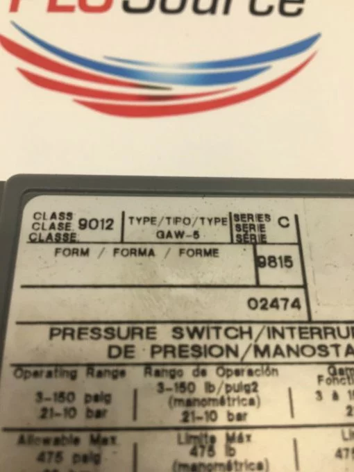 SQUARE D 9012 GAW-5 SERIES C ADJUSTABLE PRESSURE SWITCH - Image 3