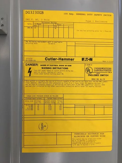 CUTLER-HAMMER DG323UGB GENERAL DUTY SAFETY SWITCH 100A 240V 3 POLE ENCLOSURE - Image 4