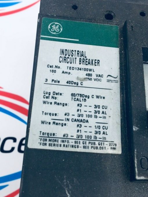GENERAL ELECTRIC TED134100WL 100AMP INDUSTRIAL CIRCUIT BREAKER - Image 2