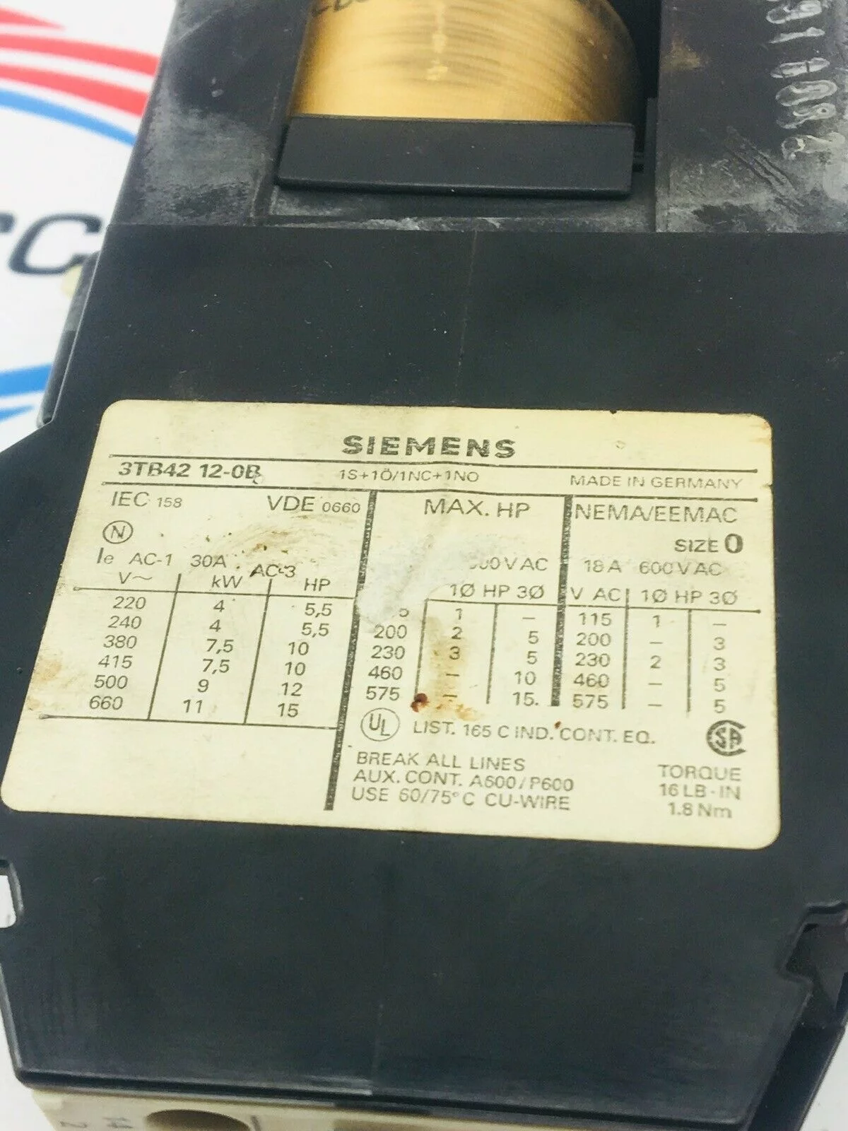SIEMENS 3TB42 12-0B CIRCUIT BREAKER WITH COIL - Image 2