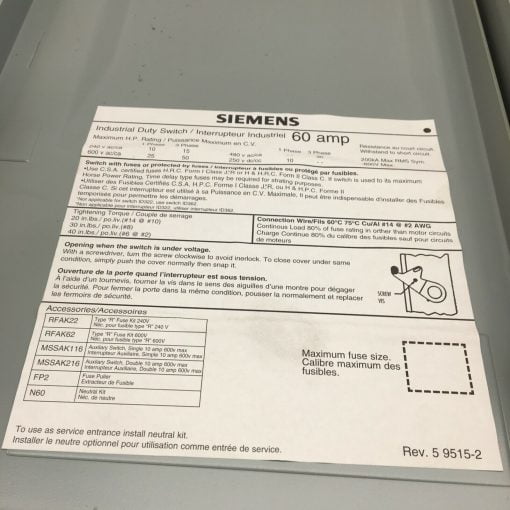 SIEMENS ID322 3-POLE FUSABLE INDUSTRIAL DUTY SWITCH   60A 240VAC - Image 3