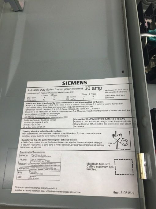 SIEMENS ID361 INDUSTRIAL DUTY ENCLOSED SWITCH STATION 600V 30A 3 POLE - Image 3