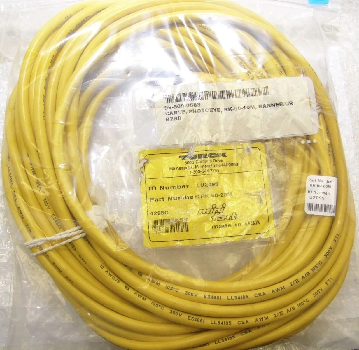 TURCK RK50-20M Cordset EUROFAST U2095 7/6-16UN Female Straight,5 Wire NEW (B177) 1