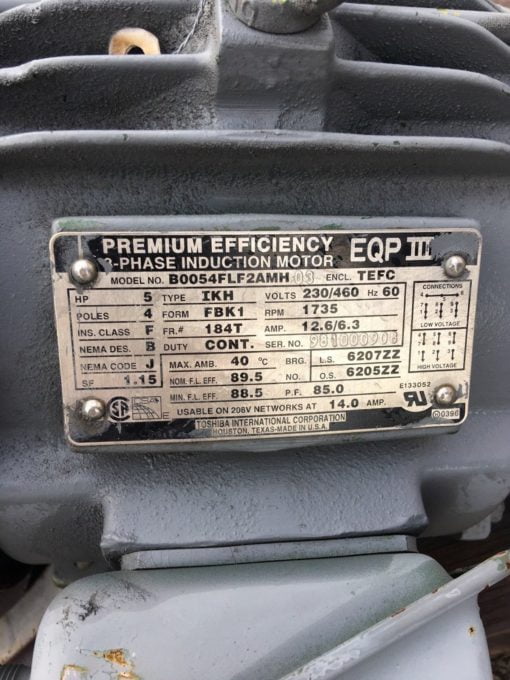 USED TOSHIBA B0054FLF2AMH 5HP 3 PHASE INDUCTION MOTOR 230/460V 1735RPM (CONNEX) 2