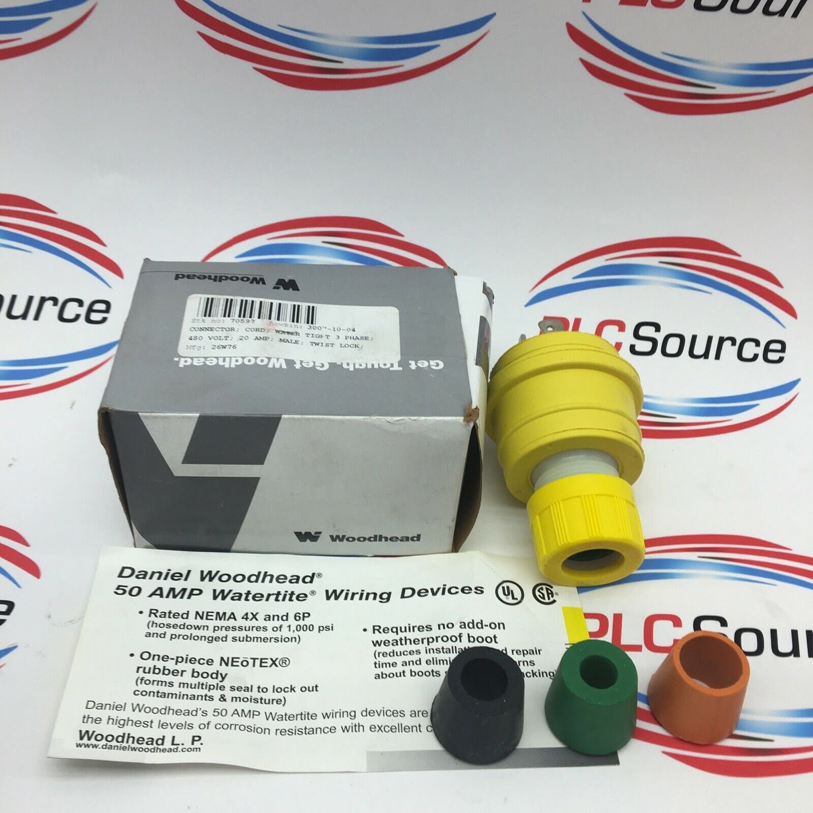 Yellow 3-Phase Woodhead 28W76 Watertite Wet Location Locking Blade Plug 30A Current 480V Voltage NEMA L16-30 Configuration 3 Poles 4 Wires 