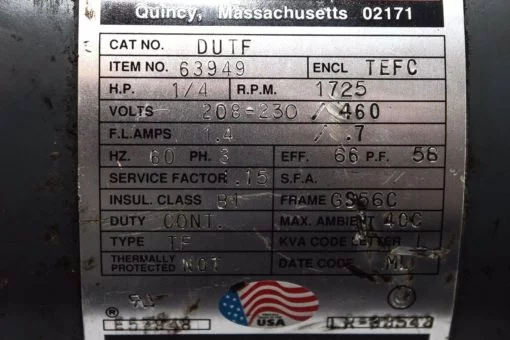 BOSTON GEAR 63949 DUTF 1/4HP 1725 RPM 208-230/460 1.4/