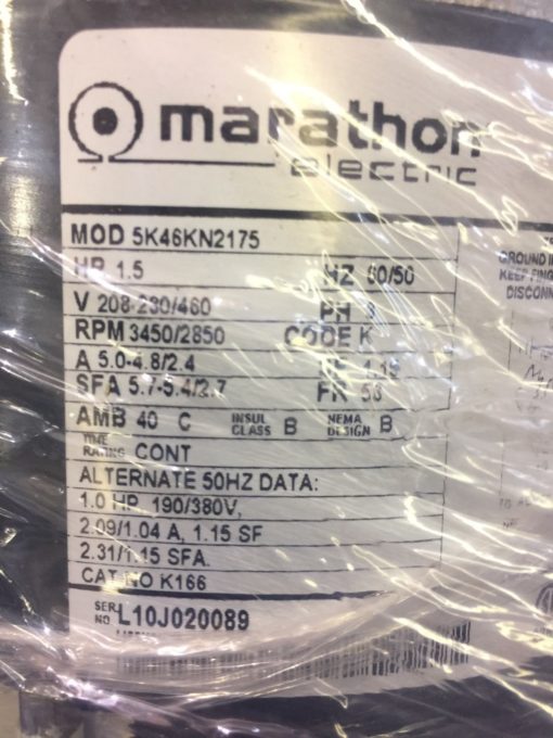 MARATHON ELECTRIC MOTOR 5K46KN2175 1 1/2 HP 3450 RPM K166 (NP14) 2