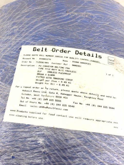 NEW 6M380 LENGTH 610MM WIDTH CONVEYOR BELT TT12 ENDLESS FLEXPROOF, BLUE, (TLO) 2
