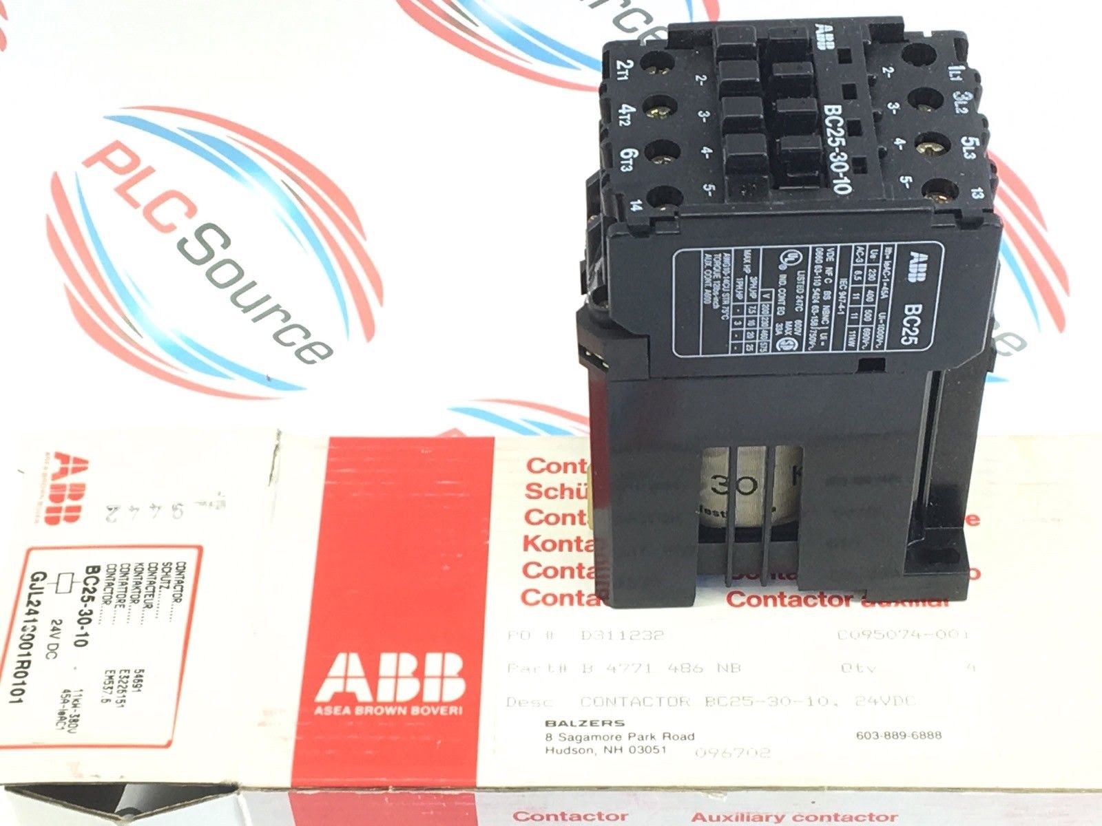 Coil: 24VDC DIN Rail 600VAC 45A 3-Pole W/ N/O Aux ABB BC25-30-10 Contactor 