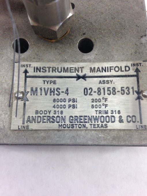 ANDERSON GREENWOOD M1VHS-4 INSTRUMENT MANIFOLD VALVE 02-8158-531, (H344) 2