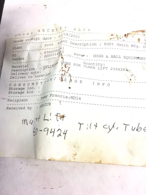 USED MAINT LIFT 50-9424Â TILT CYLINDER TUBE FOR CLARK LIFT 2394264, B326 2